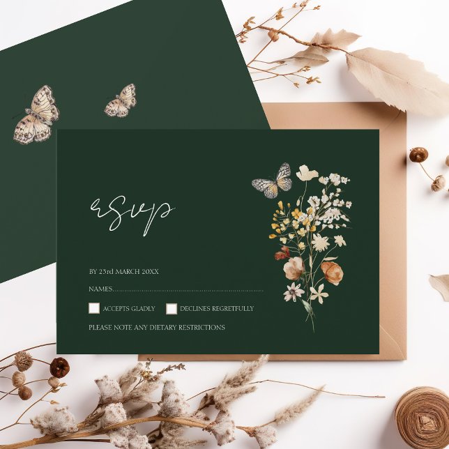 Rustic Emerald Green Fall Wildflowers Wedding RSVP Card (Creator Uploaded)