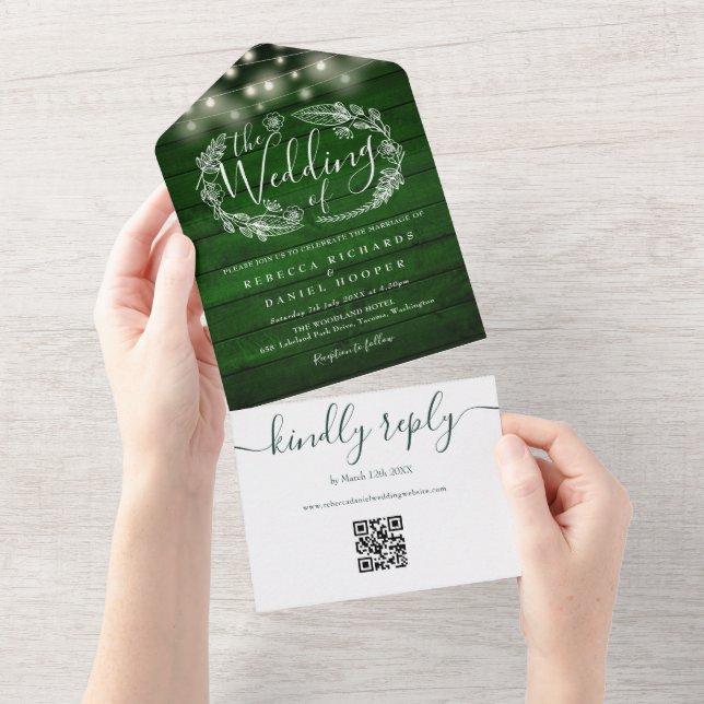 Rustic Emerald Green QR Code String Lights Wedding All In One Invitation (Tearaway)
