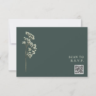Rustic Emerald Gypsophila QR Code Wedding RSVP Card