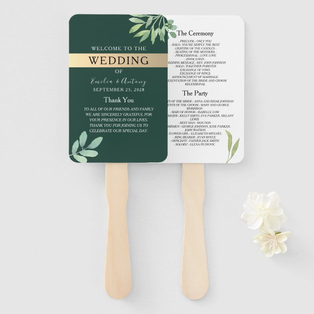 Rustic Emerald Wedding Program Hand Fan (Front and Back)