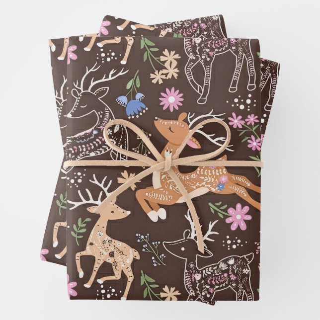 Rustic Enchanted Deer and Botanicals Wrapping Paper Sheet (In situ)