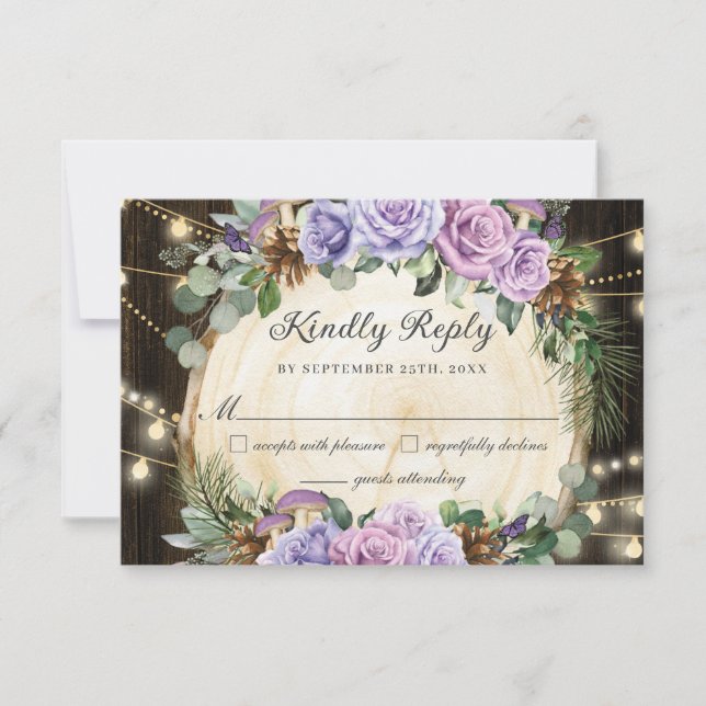 Rustic Enchanted Forest Purple Floral Quinceañera  RSVP Card (Front)