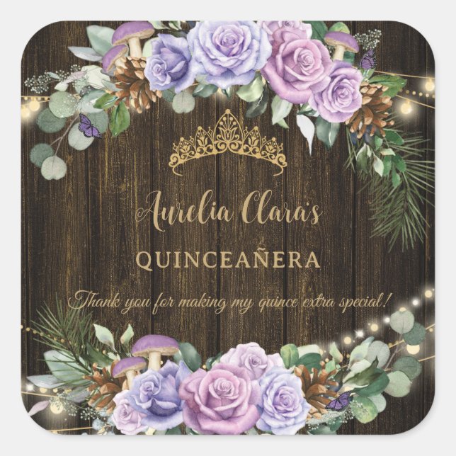 Rustic Enchanted Forest Purple Floral Quinceañera Square Sticker (Front)