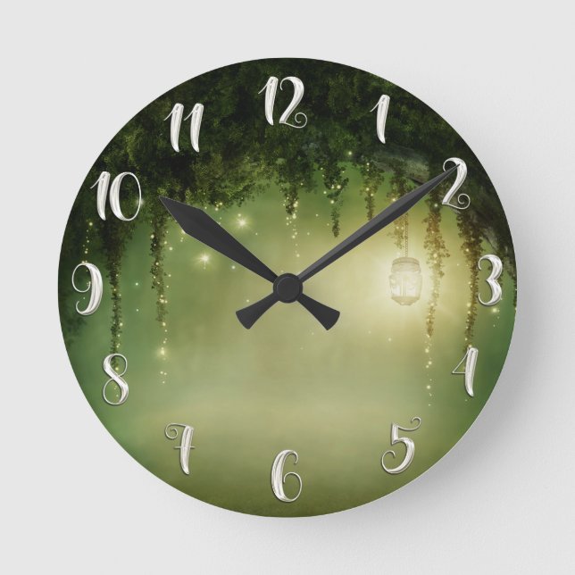 Rustic Enchanted Green Forest & Jar Lights Custom Round Clock (Front)
