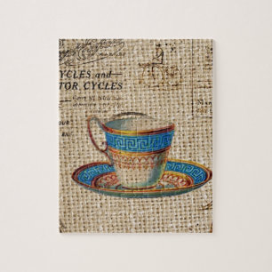 Rustic english country tea party blue teacup jigsaw puzzle