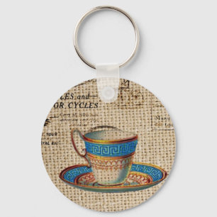 Rustic english country tea party blue teacup key ring