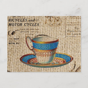 Rustic english country tea party blue teacup postcard