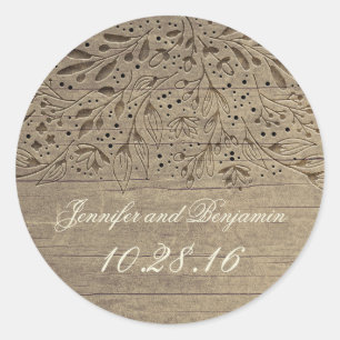 Rustic Engraved Flowers Wood Wedding Classic Round Sticker