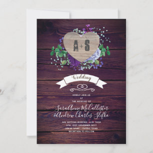 Rustic Engraved Wood Heart Monogram Floral Fall Invitation