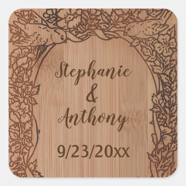 Rustic Engraved Wood Wedding Name Floral Square Sticker (Front)