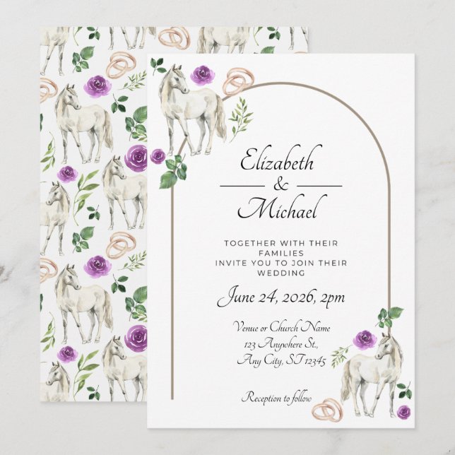 Rustic Equestrian Floral Purple Wedding Invitation (Front/Back)