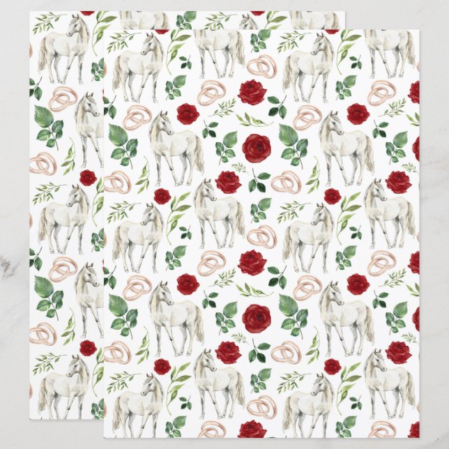 Rustic Equestrian Floral Red Scrapbook Paper (Front/Back)