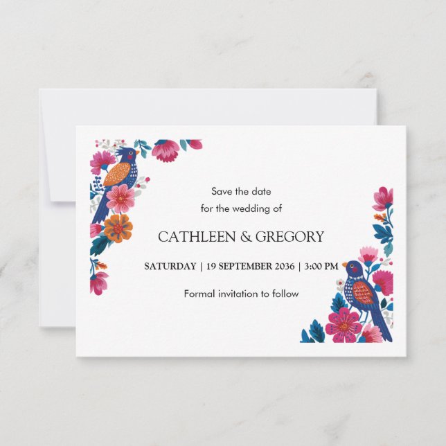 Rustic Ethnic Folk Birds and Flowers Wedding Save The Date (Front)