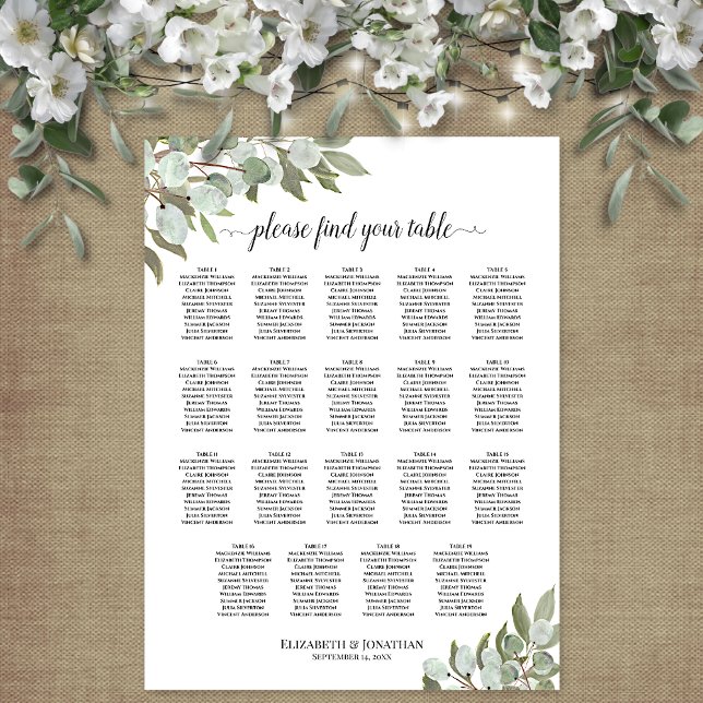Rustic Eucalyptus 19 Table Wedding Seating Chart (In Situ on Wall with Flowers)