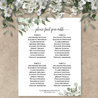 Rustic Eucalyptus 4 Table Wedding Seating Chart
