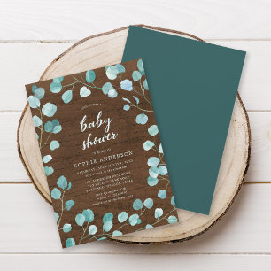 Rustic Eucalyptus and Brown Wood Baby Shower Invitation
