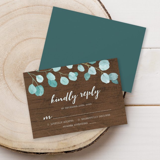 Rustic Eucalyptus and Brown Wood Kindly Reply RSVP Card (Creator Uploaded)