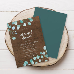 Rustic Eucalyptus and Brown Wood Rehearsal Dinner Invitation