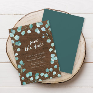 Rustic Eucalyptus and Brown Wood Save the Date