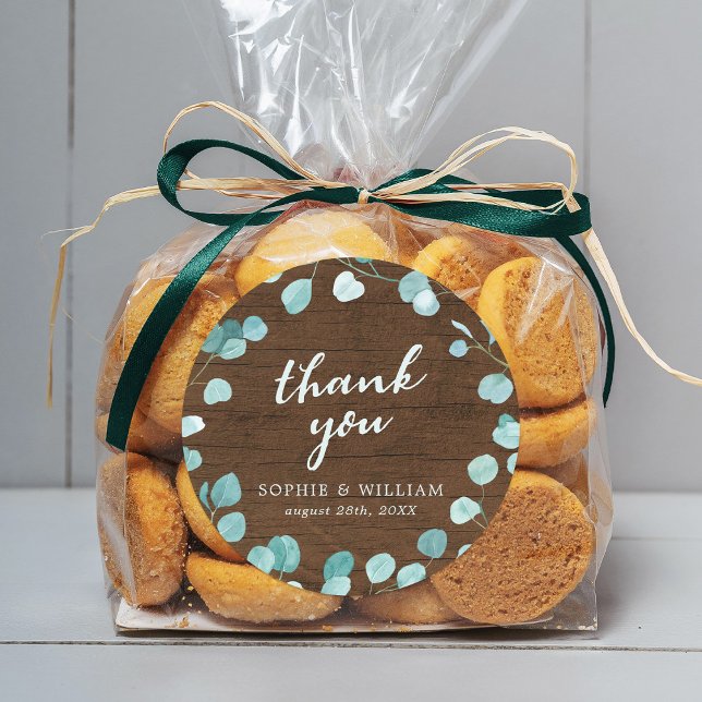 Rustic Eucalyptus and Brown Wood Thank You Classic Round Sticker (Creator Uploaded)