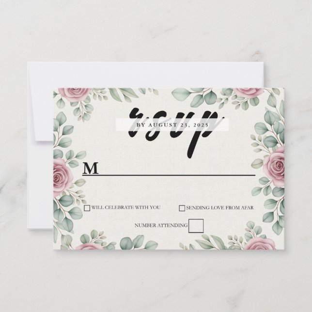 Rustic Eucalyptus and Pink Rose Wedding RSVP Card (Front)
