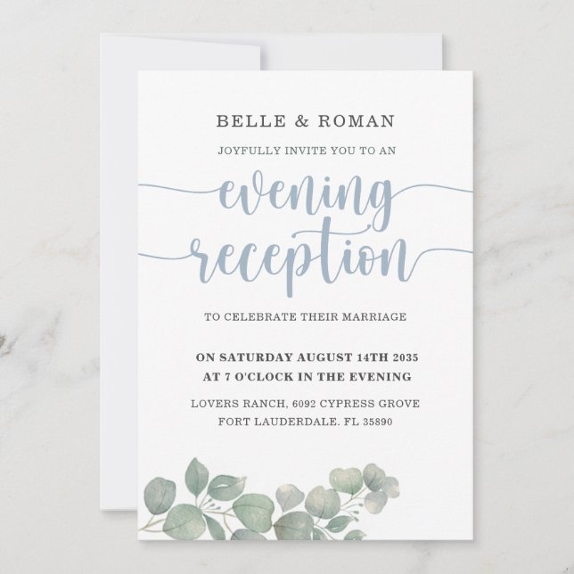 Rustic Eucalyptus Blue Wedding Reception Invitation (Front)