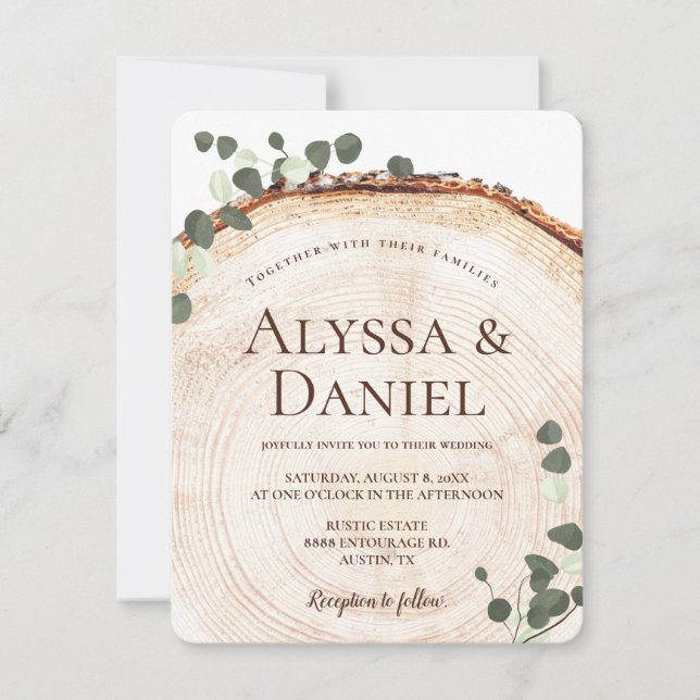 Rustic Eucalyptus Botanical on Wood Wedding Invitation (Front)