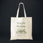 Rustic Eucalyptus Bouquet Couple's Names Wedding  Tote Bag<br><div class="desc">These wedding beautiful tote bags are a wonderful way to thank members of your bridal party or as a keepsake or memento of your special day. They feature a rustic boho chic design in shades of mint, olive, and sage green, with the names of the bride and groom in lovely...</div>