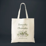 Rustic Eucalyptus Bouquet Couple's Names Wedding  Tote Bag<br><div class="desc">These wedding beautiful tote bags are a wonderful way to thank members of your bridal party or as a keepsake or memento of your special day. They feature a rustic boho chic design in shades of mint, olive, and sage green, with the names of the bride and groom in lovely...</div>