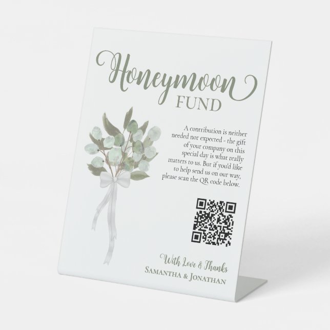 Rustic Eucalyptus Bouquet Honeymoon Fund QR Code Pedestal Sign (Front)