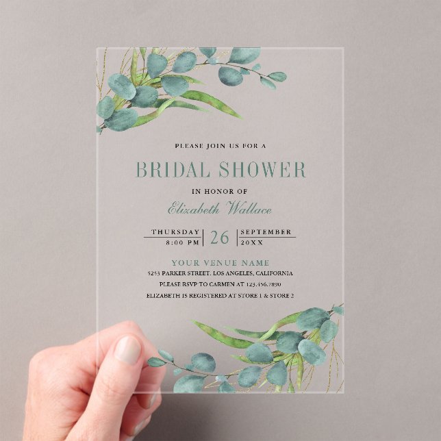 Rustic Eucalyptus Bridal Shower Acrylic Invitations (Insitu (Handheld))