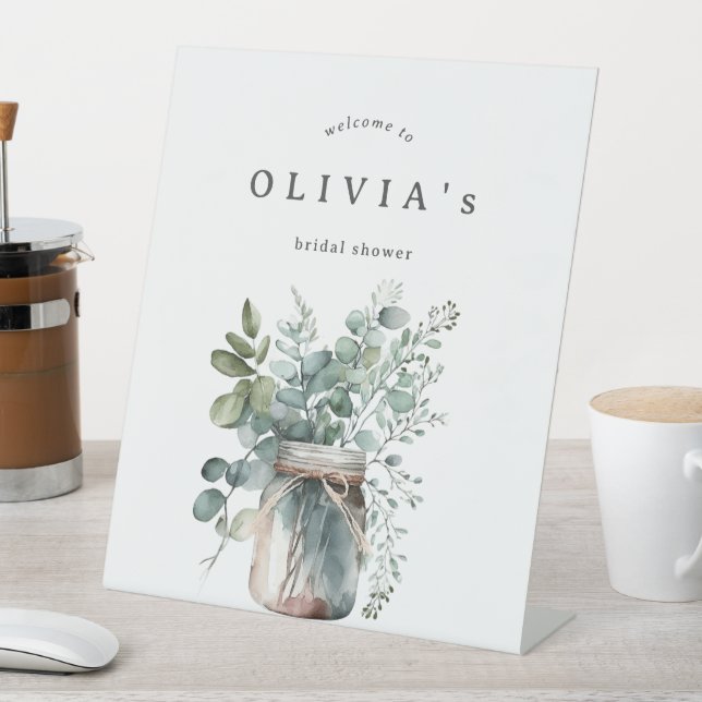 Rustic Eucalyptus Bridal Shower Welcome  Pedestal Sign (In SItu)