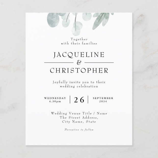 Rustic Eucalyptus Budget Floral Wedding Invitation (Front)