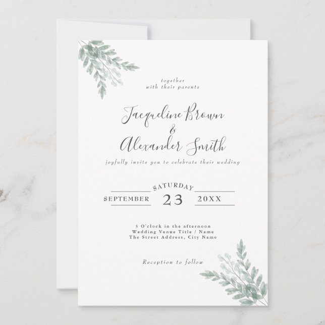 Rustic Eucalyptus Calligraphy Wedding Invitation (Front)