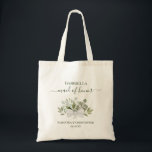 Rustic Eucalyptus Elegant Maid of Honour Wedding Tote Bag<br><div class="desc">These beautiful tote bags are a wonderful way to thank your maid of honour for being part of your wedding party. The design features a lovely olive, mint, and sage green boho chic cluster of hand painted watercolor sprigs of eucalyptus leaves and garden greenery tied with a satin bow. There...</div>