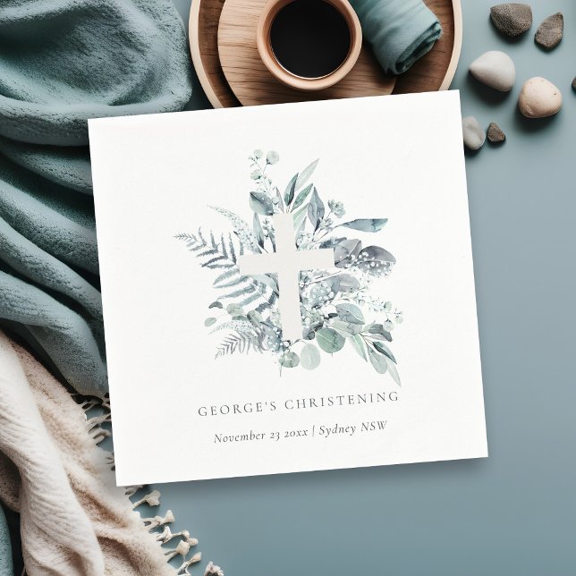 Rustic Eucalyptus Fern Foliage Cross Christening Napkin (Creator Uploaded)
