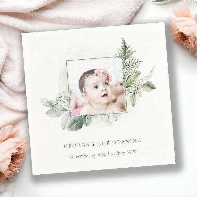 Rustic Eucalyptus Fern Foliage Cross Christening Napkin (Creator Uploaded)