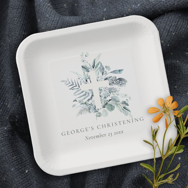 Rustic Eucalyptus Fern Foliage Cross Christening Paper Plate (Creator Uploaded)