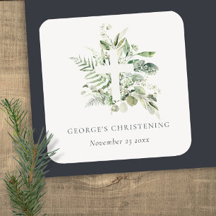 Rustic Eucalyptus Fern Foliage Cross Christening Square Sticker