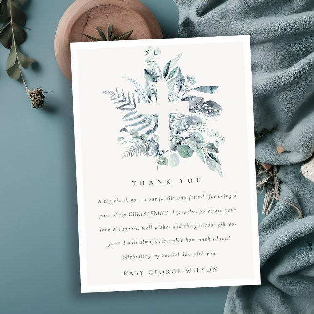 Rustic Eucalyptus Fern Foliage Cross Christening Thank You Card (Creator Uploaded)