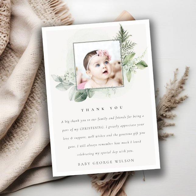 Rustic Eucalyptus Fern Foliage Photo Christening  Thank You Card (Creator Uploaded)