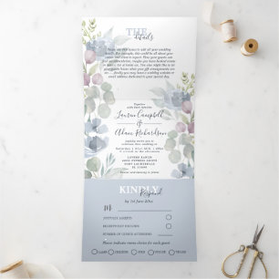 Rustic Eucalyptus Floral Dusty Blue Wedding  Tri-Fold Invitation