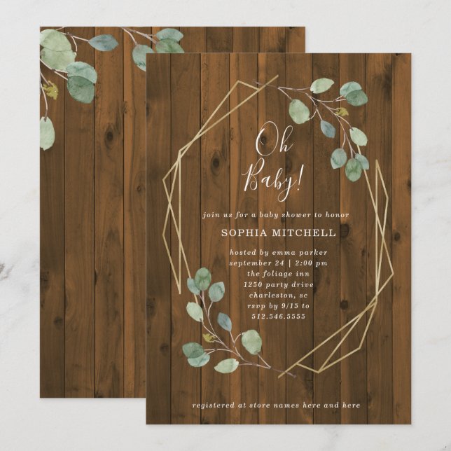 Rustic Eucalyptus Geometric Baby Shower | Oh Baby Invitation (Front/Back)