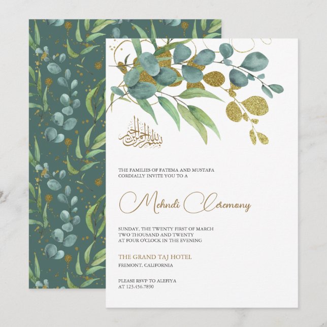 Rustic Eucalyptus Gold Branch Islamic Mehndi Invitation (Front/Back)