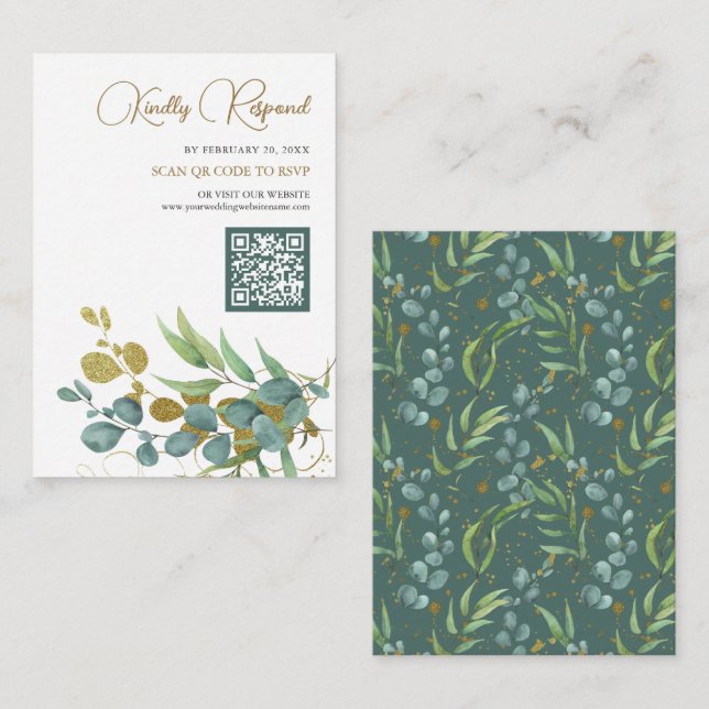 Rustic Eucalyptus Gold Branch QR Code RSVP Wedding Enclosure Card (Front/Back)