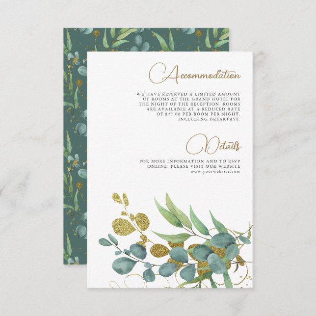Rustic Eucalyptus Gold Branch Wedding Details Enclosure Card (Front/Back)