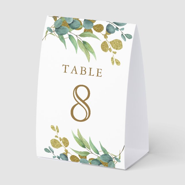 Rustic Eucalyptus Gold Branch Wedding Table Number (Front)