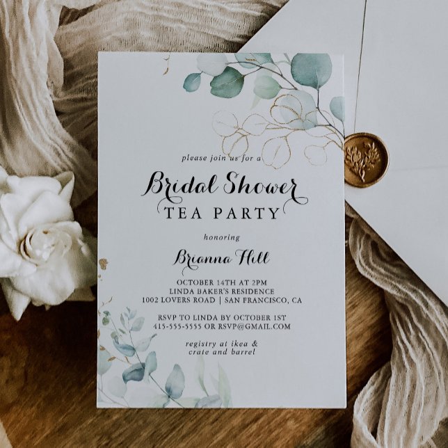 Rustic Eucalyptus Gold Bridal Shower Tea Party Invitation (Creator Uploaded)