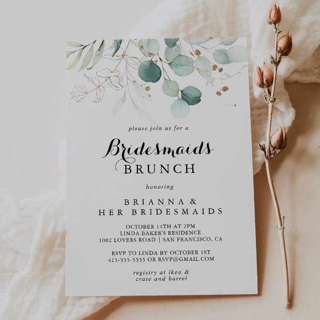 Rustic Eucalyptus Gold Bridesmaids Brunch Shower Invitation (Creator Uploaded)