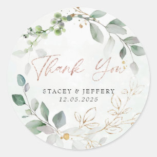 Rustic Eucalyptus Gold Calligraphy Wedding Classic Round Sticker